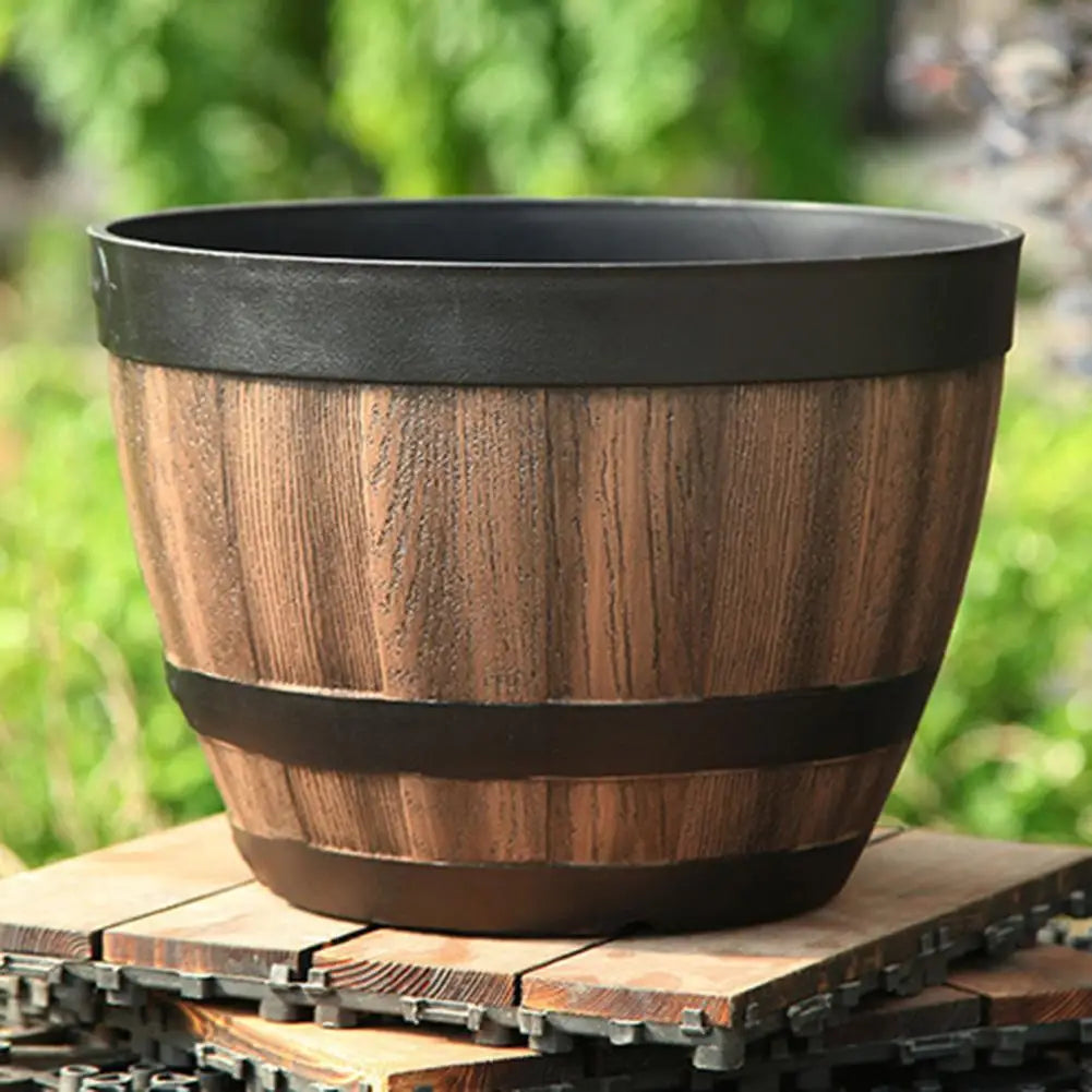 Rustic Farmhouse Whiskey Barrel Planter Plastic Flower Pot Drainage Holes