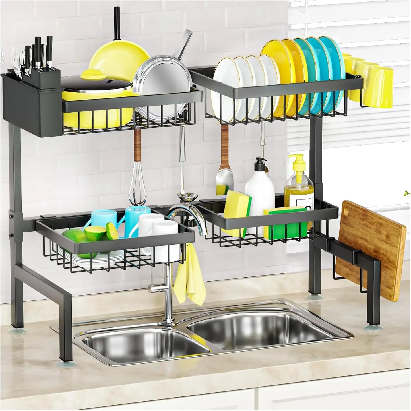 Over The Sink Dish Drying Rack 2-Tier With 4 Baskets