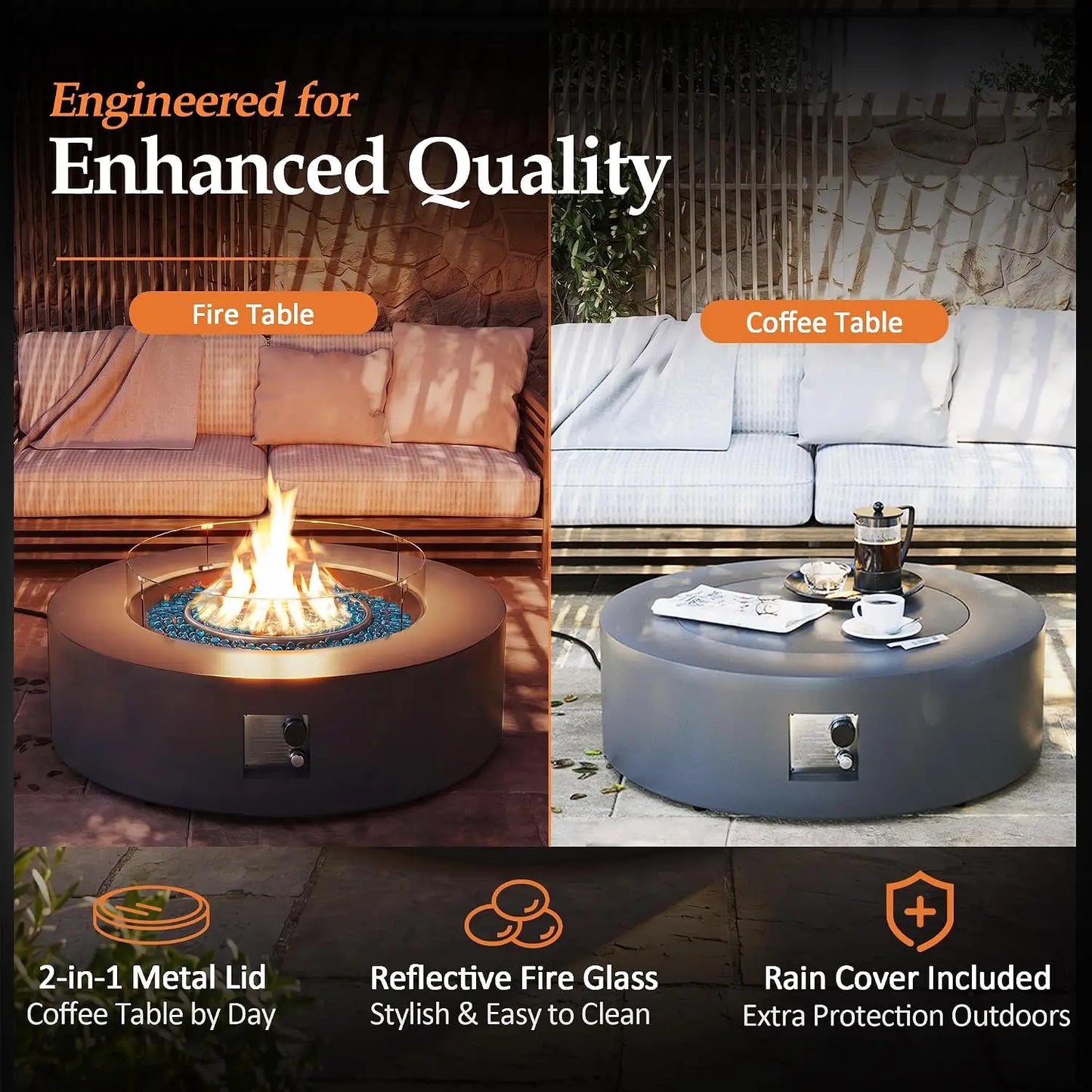 42-inch Outdoor Propane Gas Fire Pit Table 50000 BTU Iron Round Firepit for Outside Patio with Tank Hidden Table, Wind, Custom