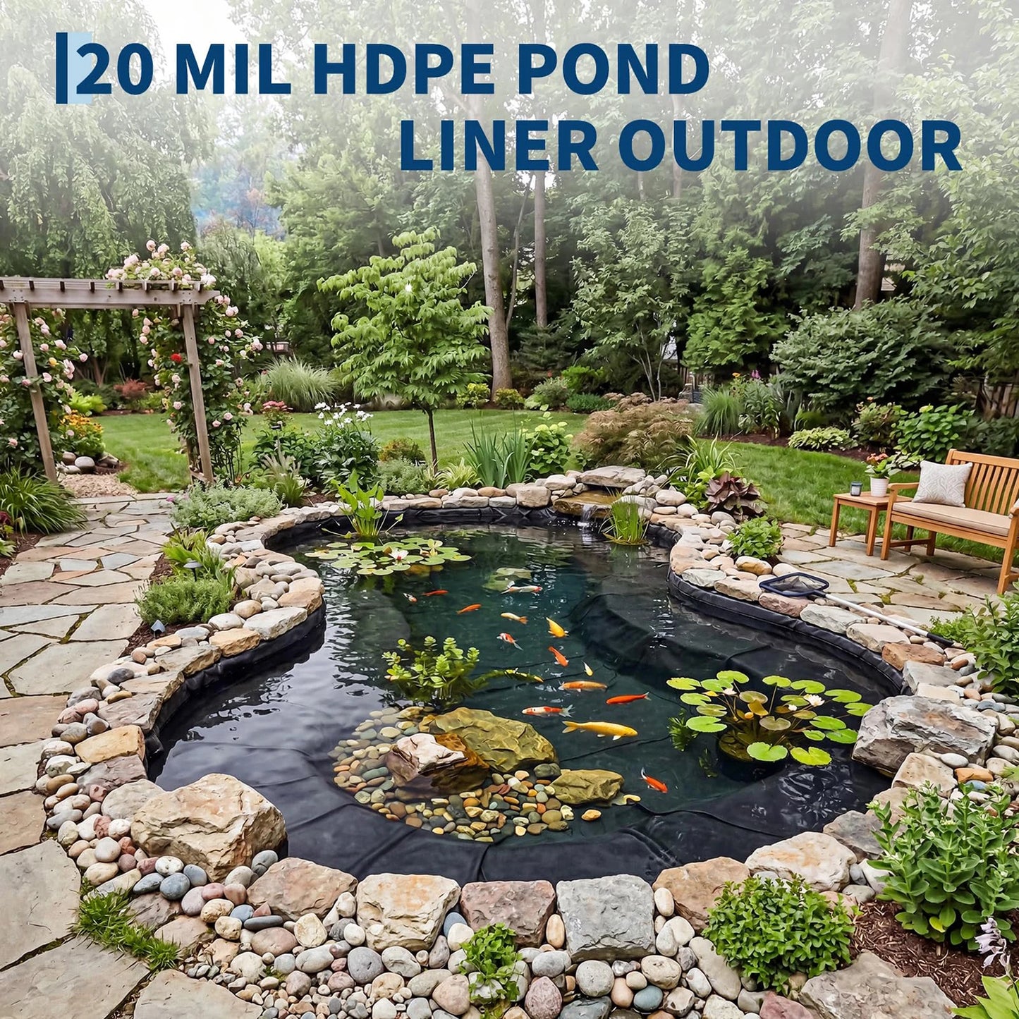 20 Mil HDPE Pond Liner, Heavy Duty Fish Koi Pond Waterproof Liner For Outdoor Garden Waterfall Fountain, 10x13 to 20x25 ft