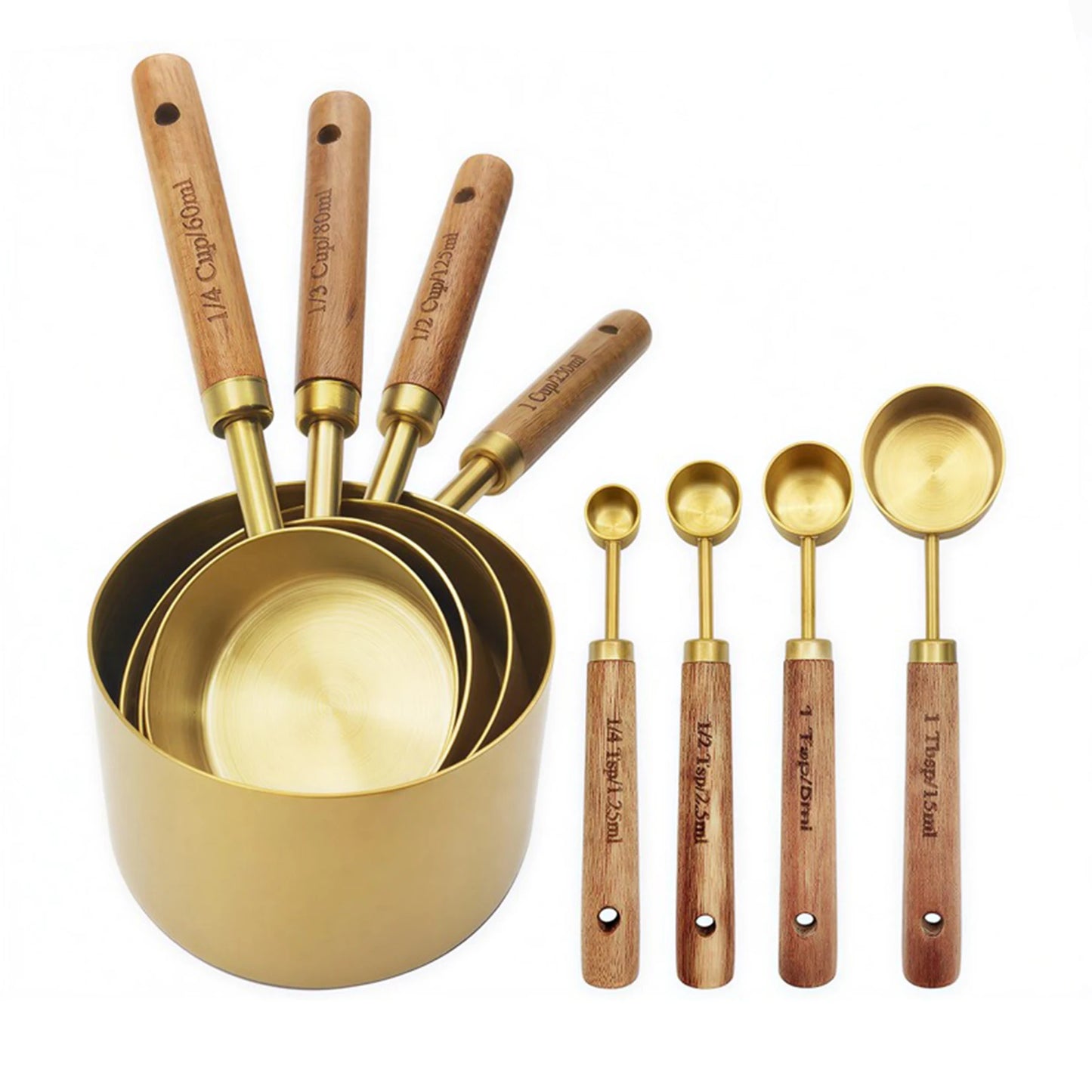 Measuring Cups and Spoons Set, Stainless Steel Measuring Set with Wood Handle for Baking Cooking Coffee