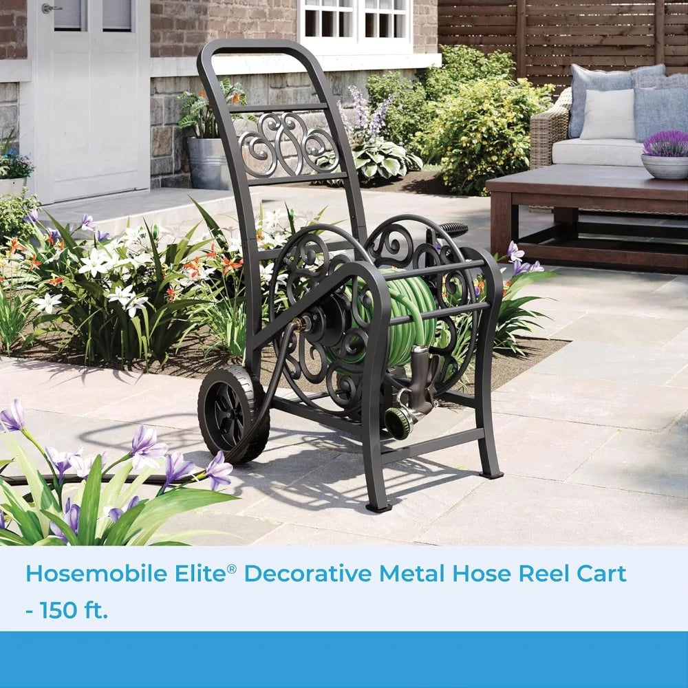 Stylish Garden Hose Reel Cart for 150ft Vinyl Hose, Flat-Free Wheels, Foot Caps, Easy Crank, Durable Steel