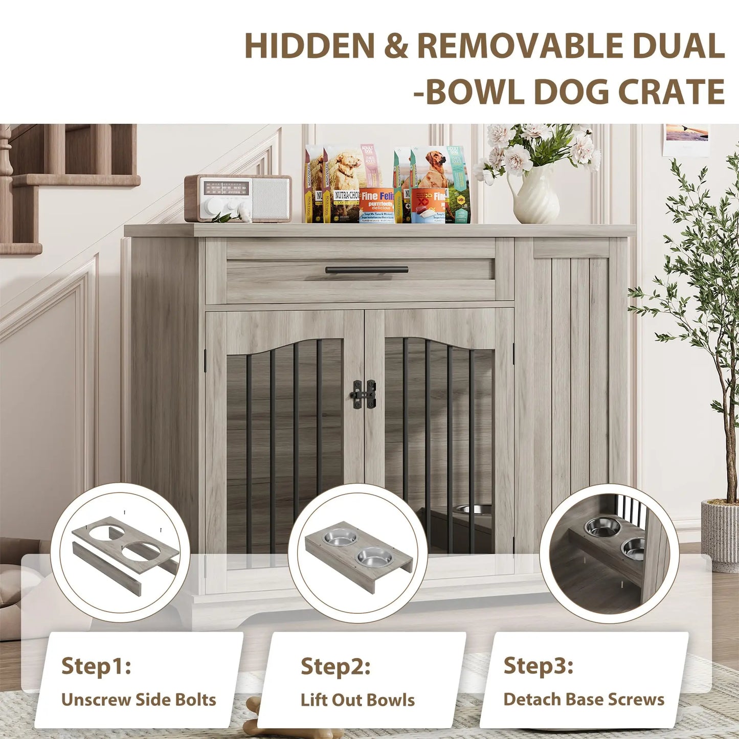 HiMISS Furniture Style Wooden Dog Crate With Feeding Station