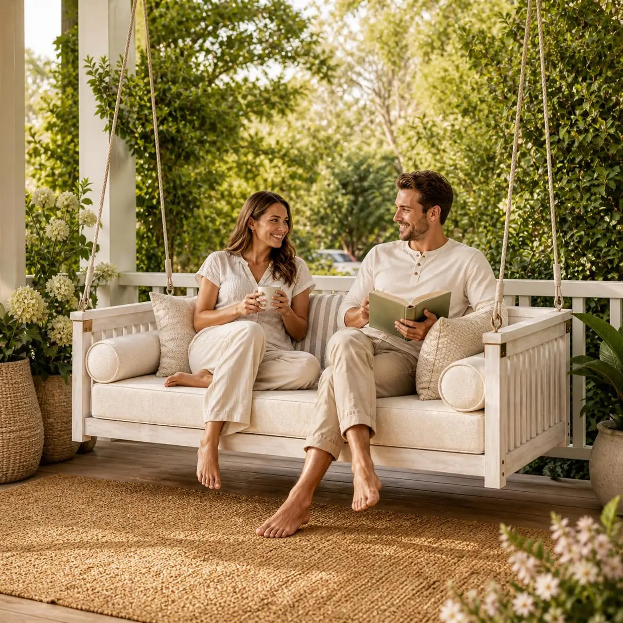Acacia Wood Porch Swing Bed, Twin Size Outdoor Bed Swing with Ropes, Hanging Daybed for Patio, Garden & Front, Customized