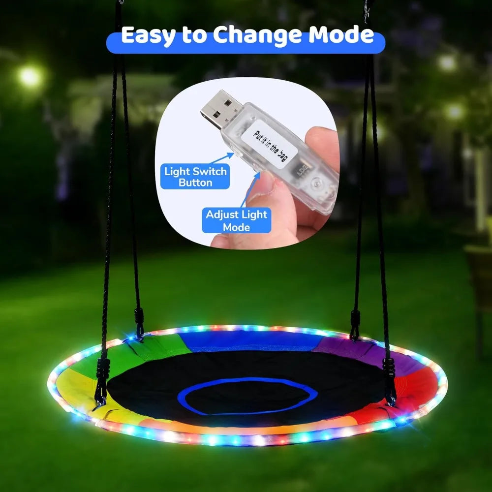 700lbs 40" Saucer Tree Swing with LED Lights, 2 Tree Hanging Straps - Rainbow