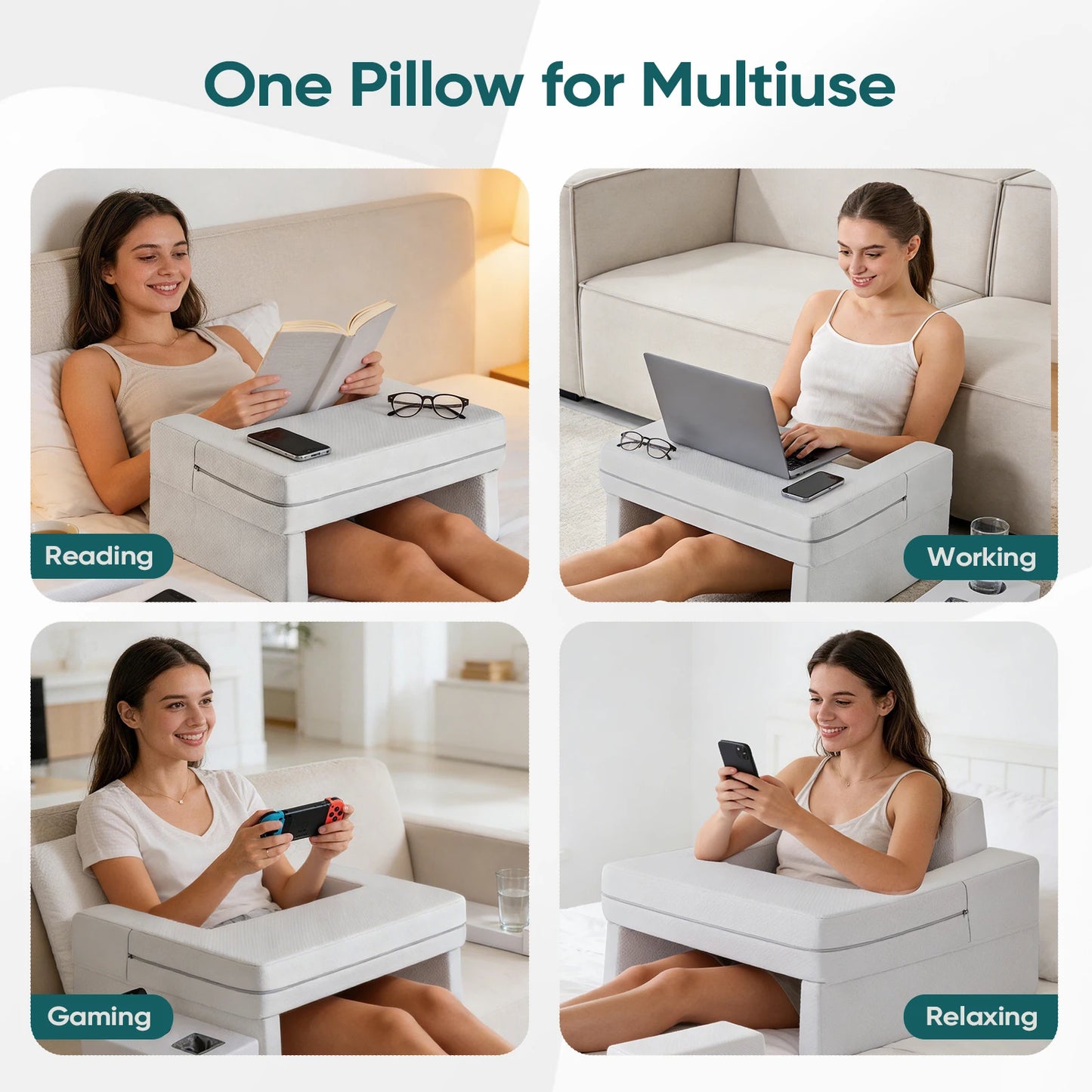JHK Square Memory Foam Reading Pillow Ergonomic Neck Pillow Ventilated Cooling Bed Pillow with Removable Washable Cover Comfort