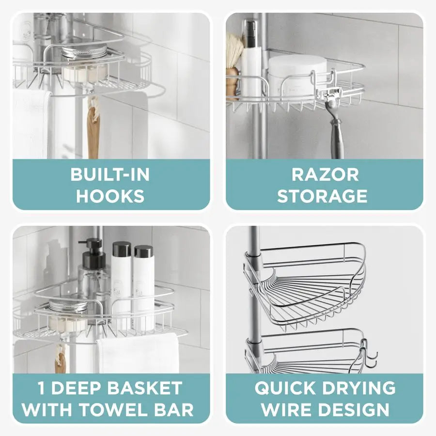 Rust Resistant Tension Pole Corner Shower Caddy With 4 Baskets And Towel Bar