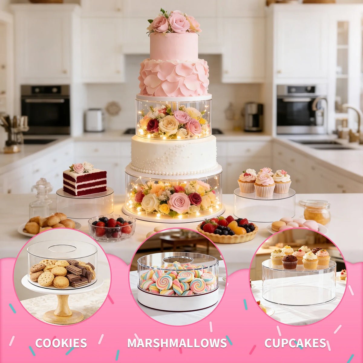 3 PCS Acrylic Cake Stands, Round Clear Fillable Cake Display Risers with LED Light for Wedding Birthday Party