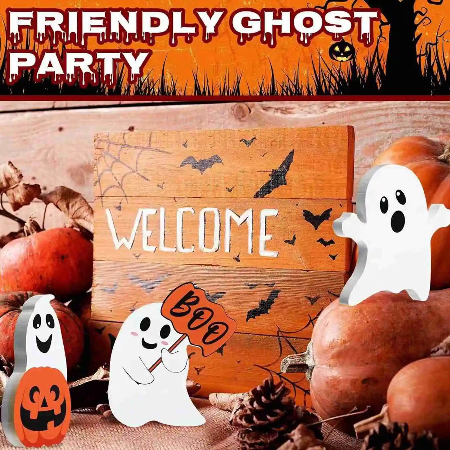 2 Sets Pumpkin Ghost Table Sign Cute Ghost Table Sign Festival Decoration PVC Spooky Desk Ornaments Table Sign for Theme Party