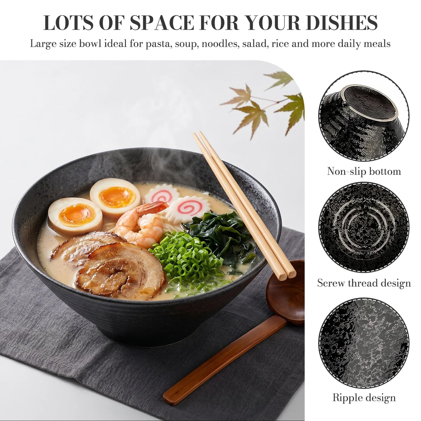 2-Piece Japanese Style Ramen Bowl Set, 9 Inch Large Ceramic Bowls with Spoons and Chopsticks for Noodles Soup Rice Kitchen Tableware Microwave Oven Bakware