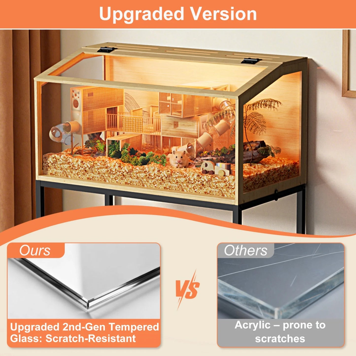 60/80/100/CM Hamster Cage Chewproof Wooden Guinea Pig Cages Habitat House Tempered Glass Panels Built-in LED Light for Small Pets