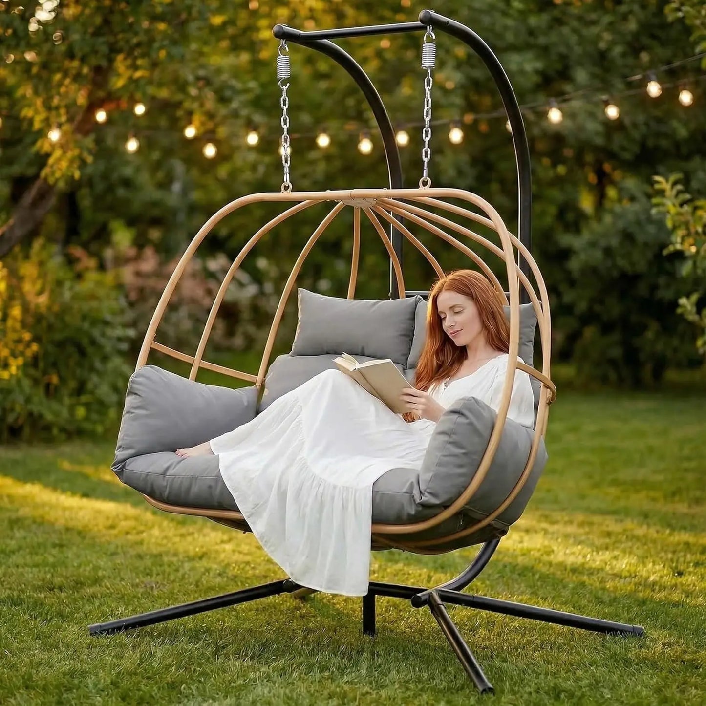 2-Person Outdoor Egg Swing Chair with Cushions Rattan Basket Stand Metal Nest Patio Garden, Customized