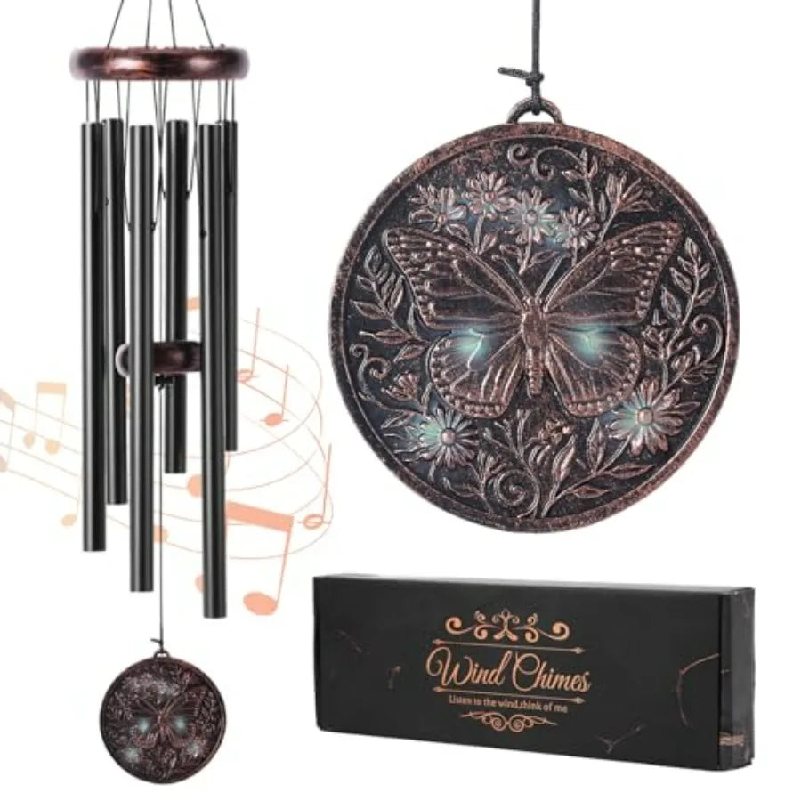 Butterfly Wind Chime for Outside Vintage Copper 3D Embossed Butterfly Wind Catcher Deep Tone, Resin Medallion Garden Outdoor Ha
