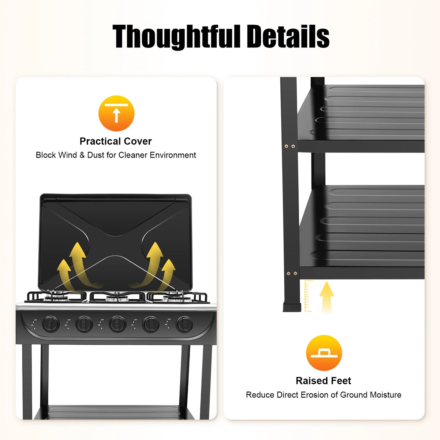 5-Burner Outdoor Natural Gas Stove, 2.5KW Each Burner, Freestanding Camping Stove with Side Shelves & Cover, Manual Ignition