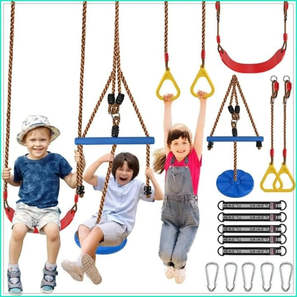 3pcs Outdoor Swing Set with Adjustable Ropes, Disc & Ring Hangers, Trapeze Bar, U-Board Seat and Monkey Bars with EVA Soft Disc for Backyard Play