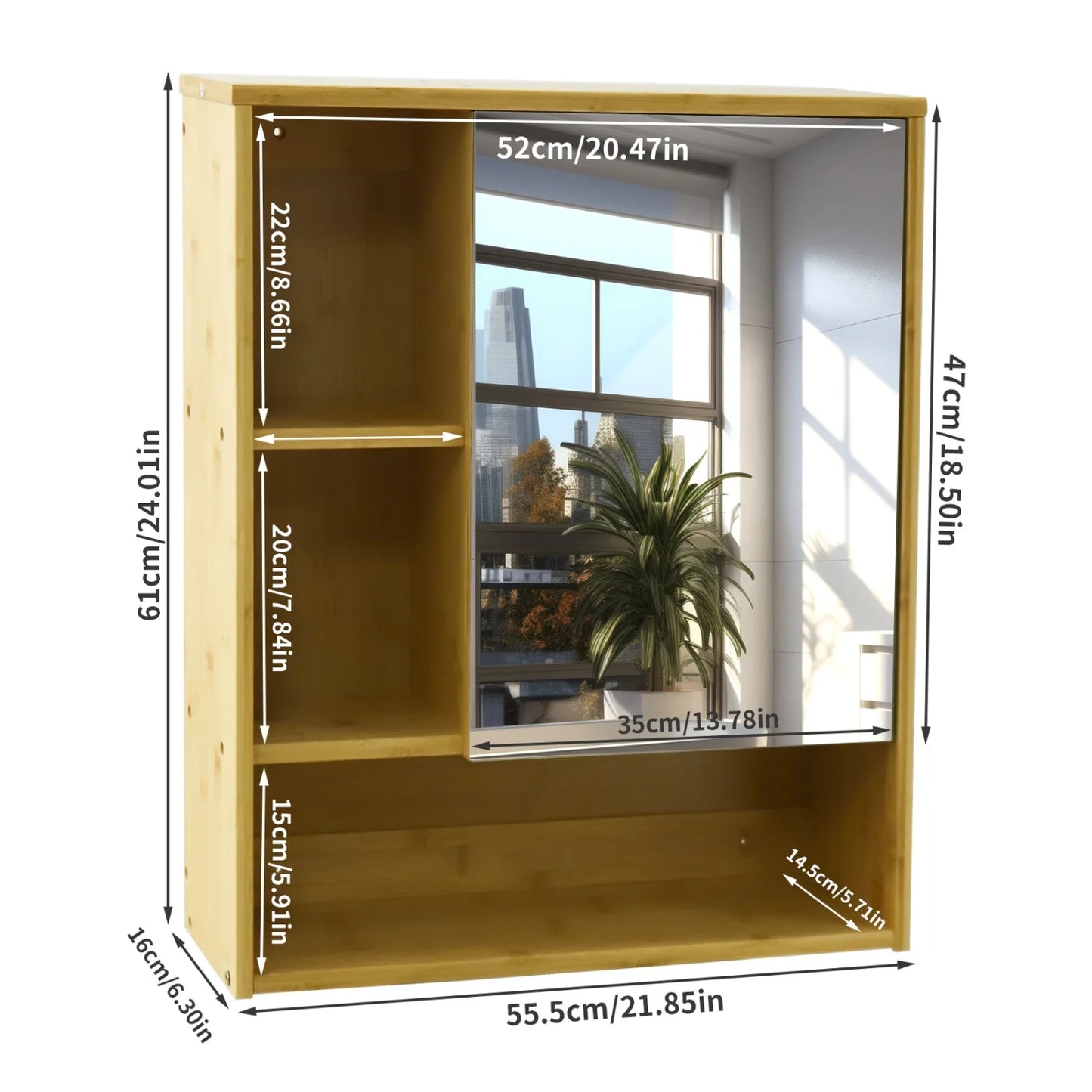 Bamboo Wall Cabinet Bathroom Storage Cabinet Wall Mounted for Entryway Kitchen Vanity Cabinet with Mirror Adjustable Shelf