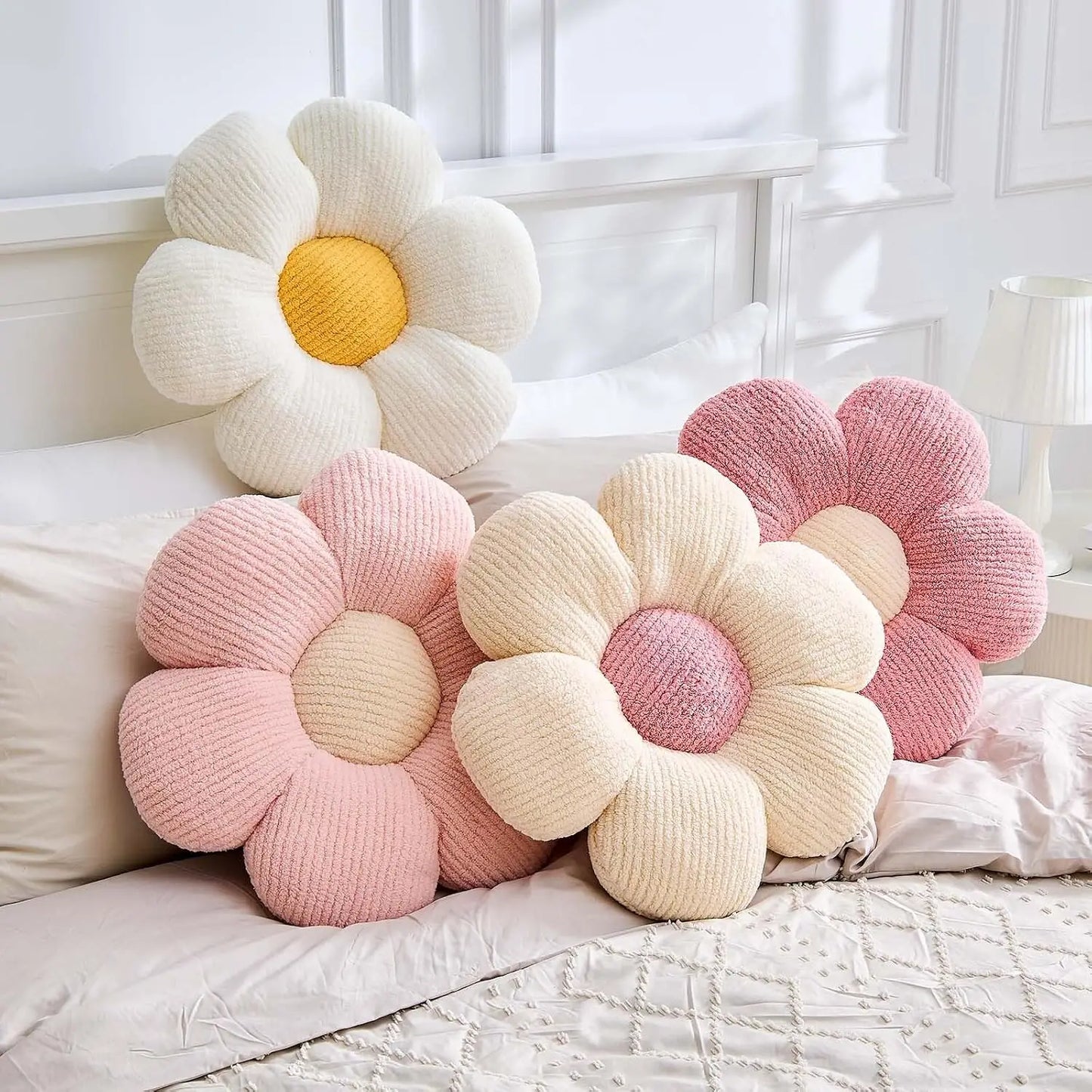 Flower Pillow, White Decorative Throw Pillow for Bed Couch, 14.9" Daisy Floral Shaped Plush Floor Seat Cushion
