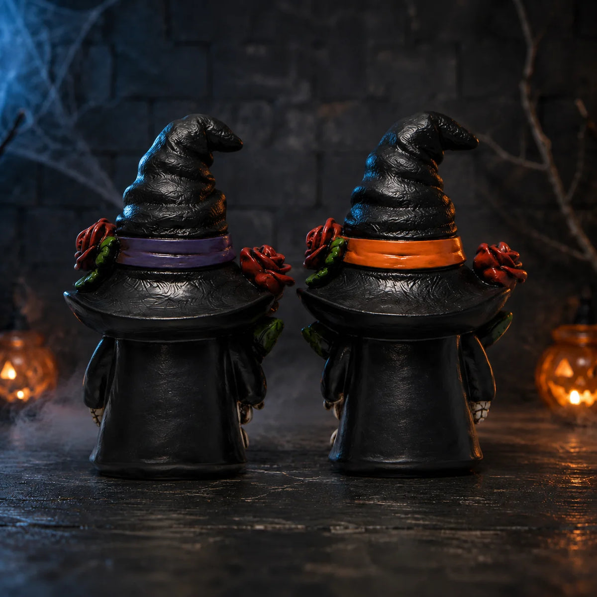 Hodao Resin Halloween Skull Gnome Couple Figurines for Gothic Decor