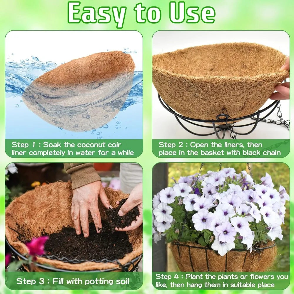3 Pack 10 Inch Metal Hanging Baskets with Coconut Liners for Plants, Outdoor Porch Balcony Garden Decoration