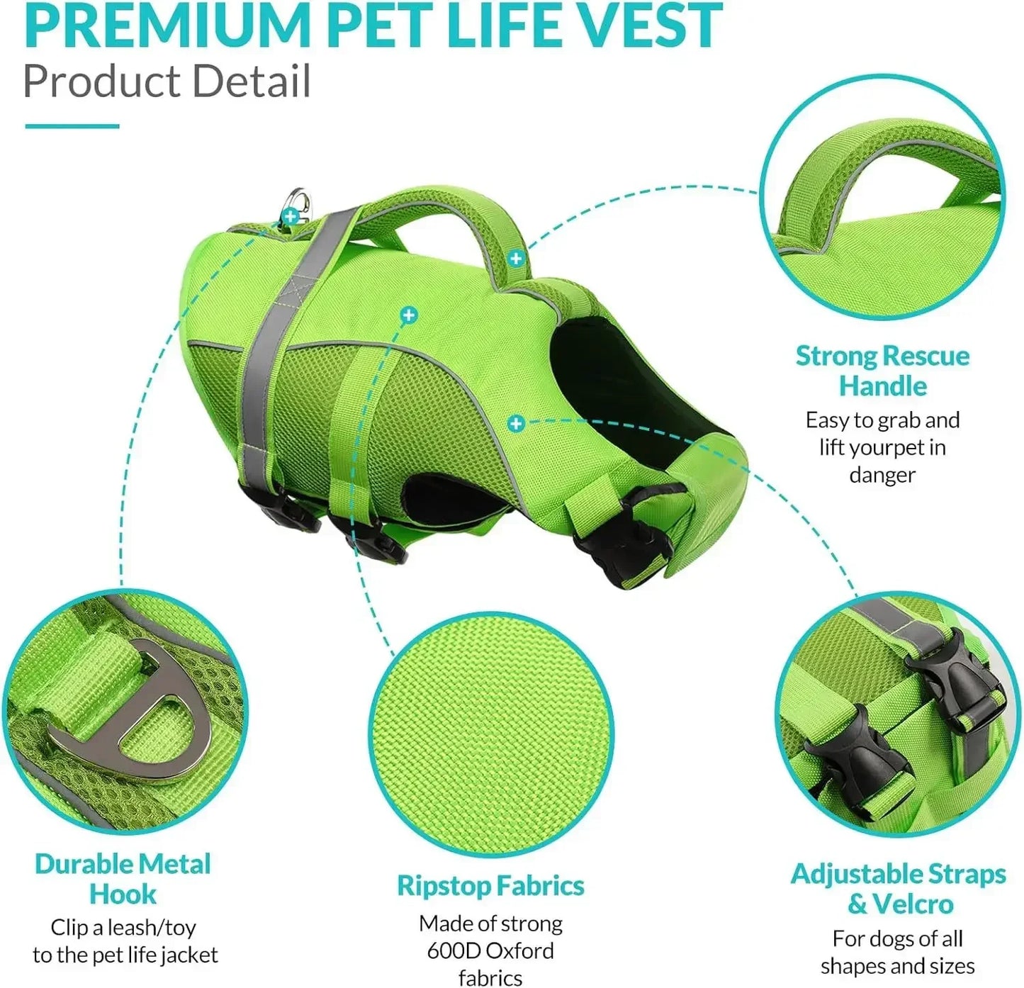 Durable Mesh Dog Life Jacket With Ergonomic Rescue Handle Tear‑Resistant Construction For Rough Water Use