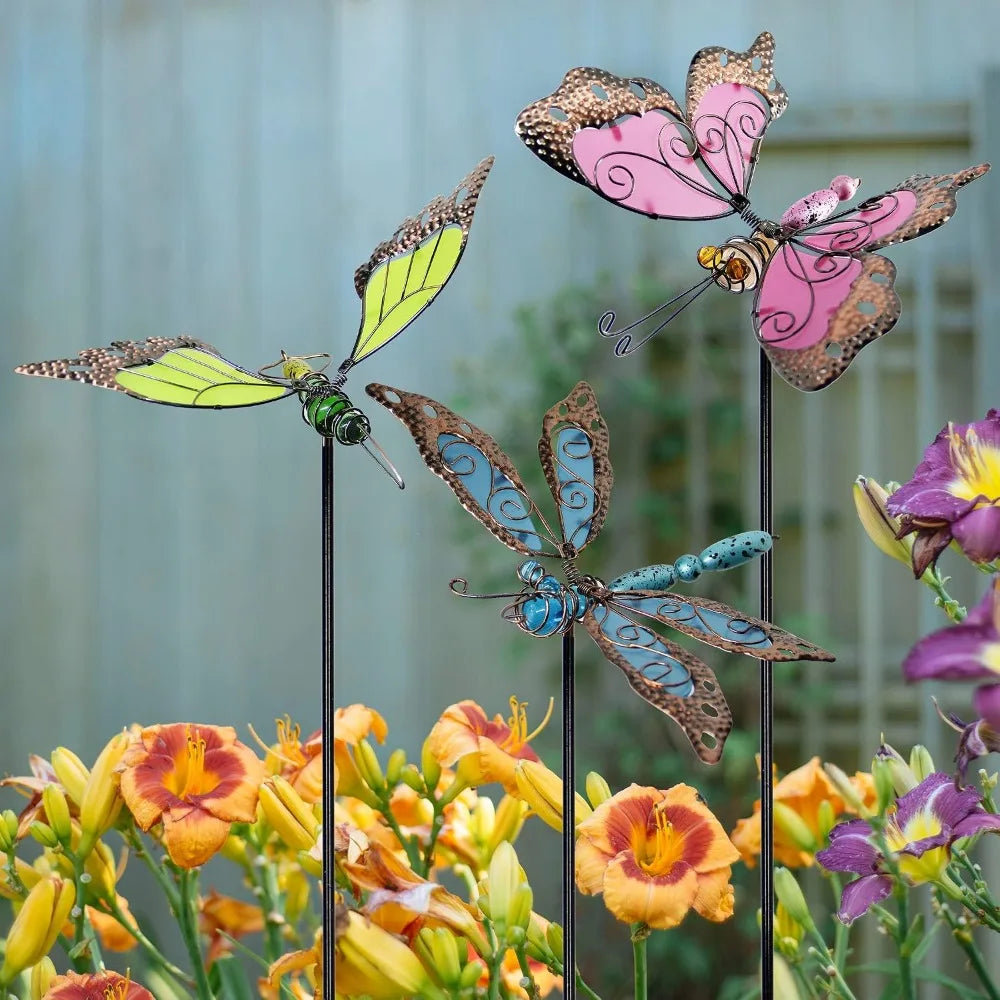Glow Metal Garden Stakes Butterfly Dragonfly Hummingbird Set of 3