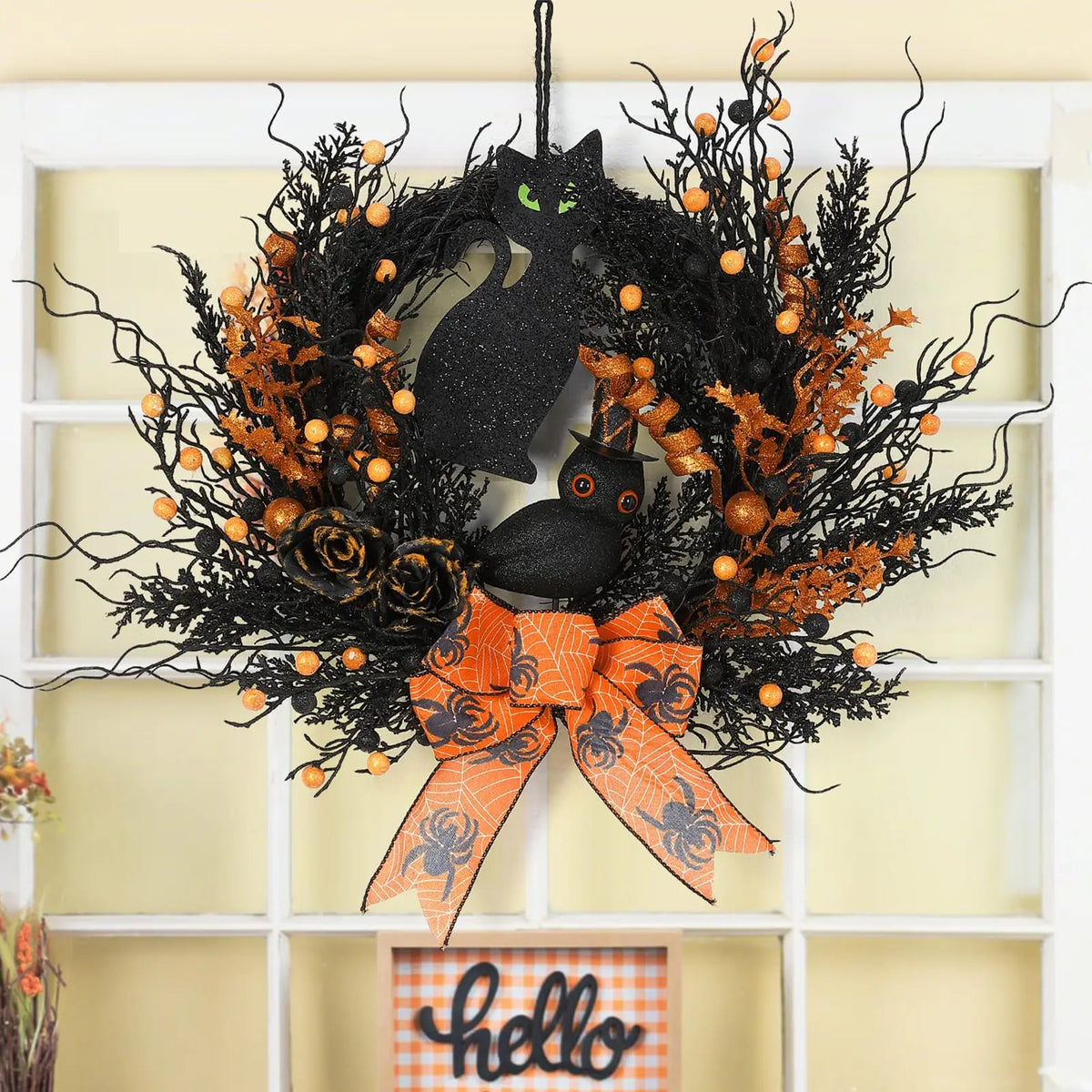 Halloween Ghost Wreath With Orange Ribbon, Maple And Black Feathers