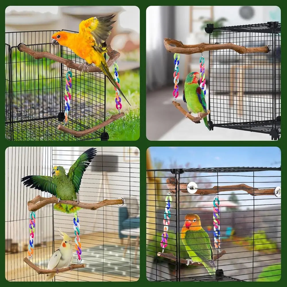 Standing Bird Perch with Natural Grape Wood, Hangable Birdcage Accessories, Birds Chewing Toy for Budgerigars, Parakeets, Cockat