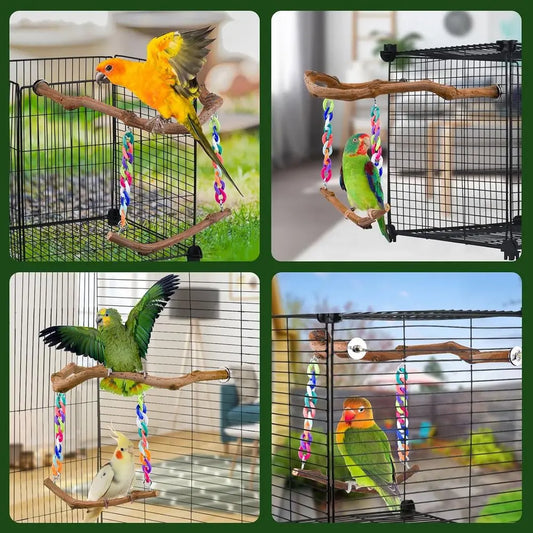 Standing Bird Perch with Natural Grape Wood, Hangable Birdcage Accessories, Birds Chewing Toy for Budgerigars, Parakeets, Cockat