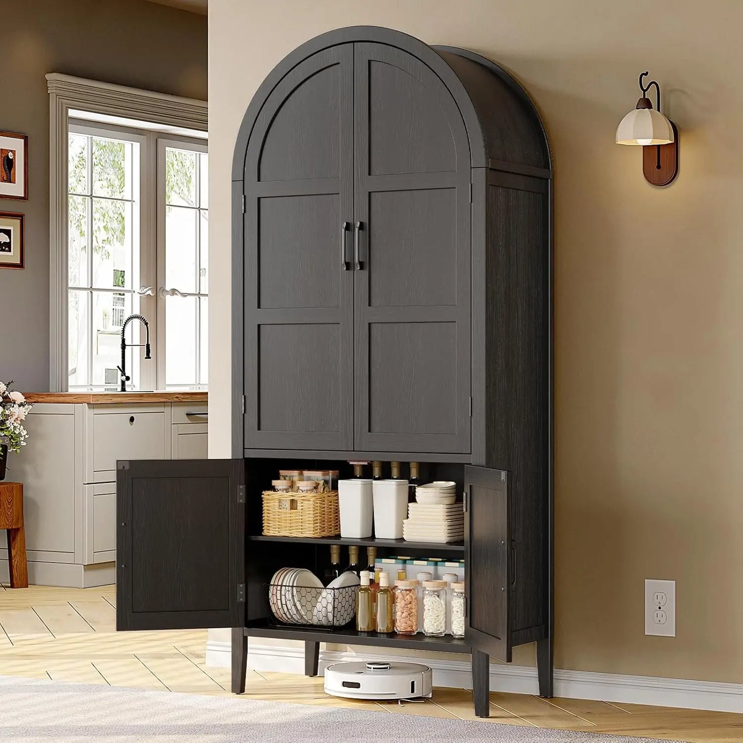 71" Tall Farmhouse Arched Pantry Cabinet, 5-Tier Wooden Storage w/Adjustable Shelves & Feet, Kitchen Cabinet w/Doors for Dining Room Organization