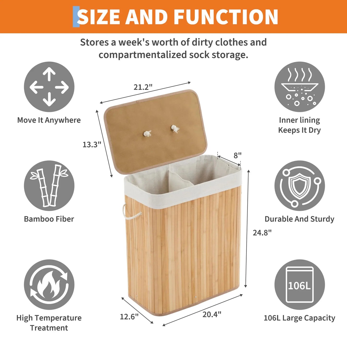 HiMISS Bamboo Laundry Hamper With Removable Four Section Liner