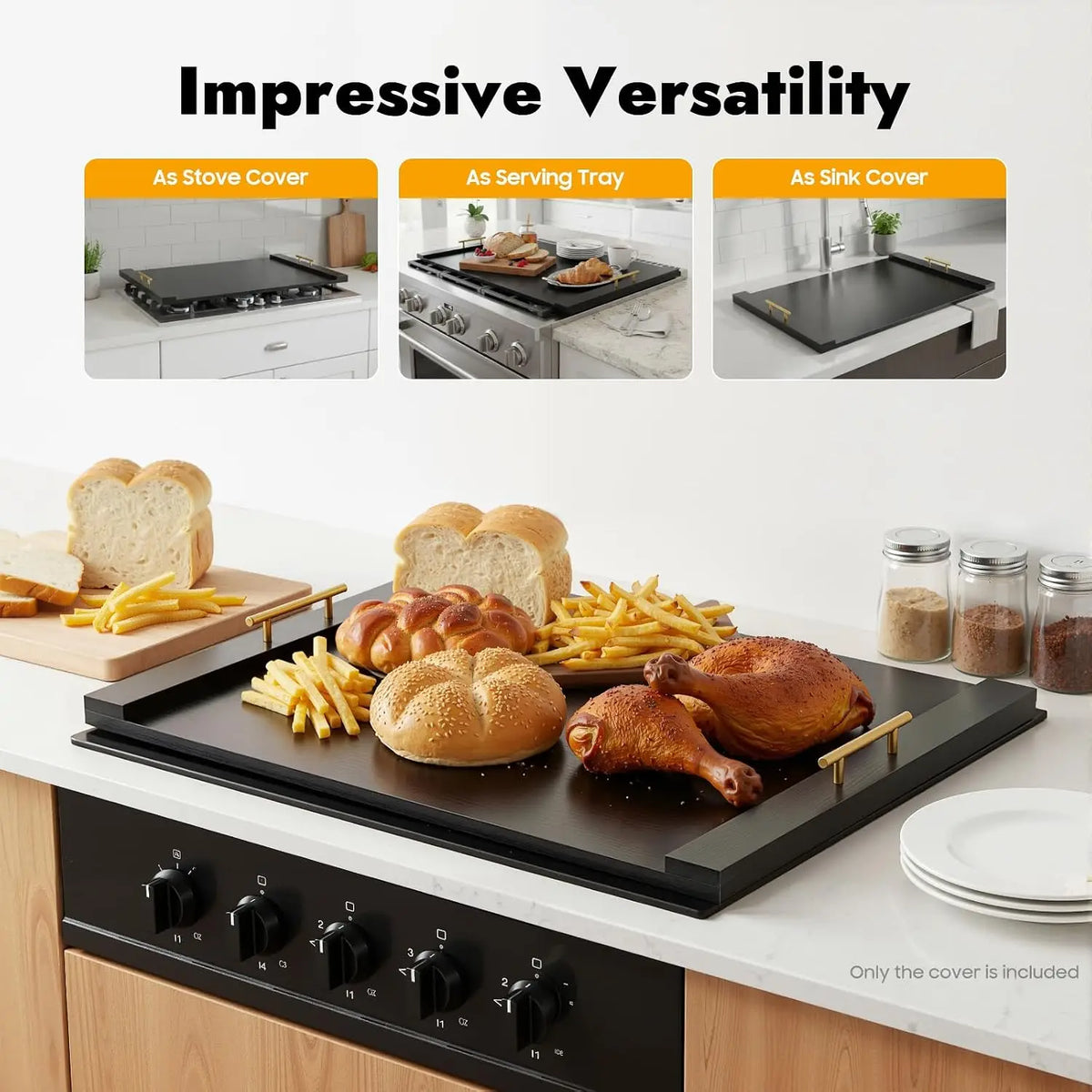 Wood Noodle Board Stove Cover with Handles for Counter Space