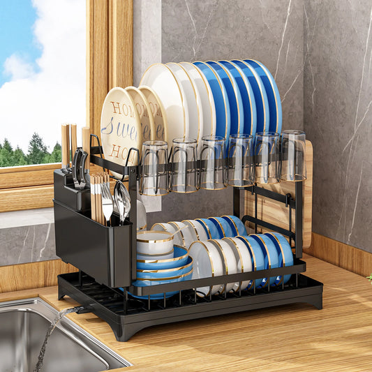 Rustproof 2-Tier Space-Saving Dish Rack With Drainboard Utensil Cup Holder