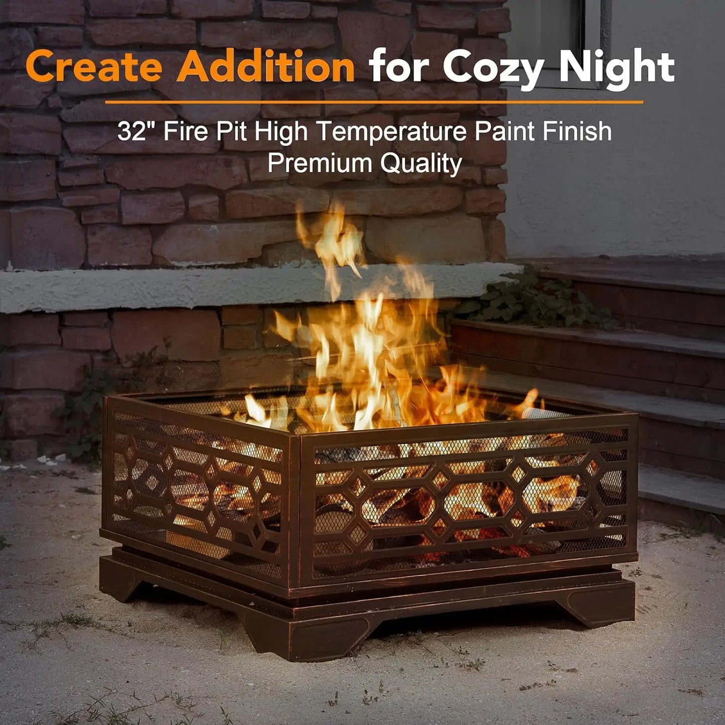 Outdoor Wood Burning Fire Pit Square Metal With Mesh Cover