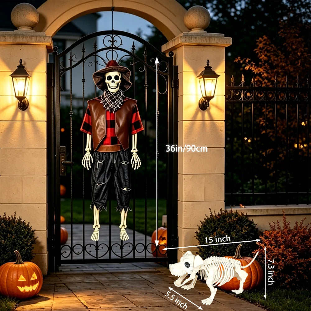 Posable Skeleton And Dog Halloween Cowboy Outdoor Decorations