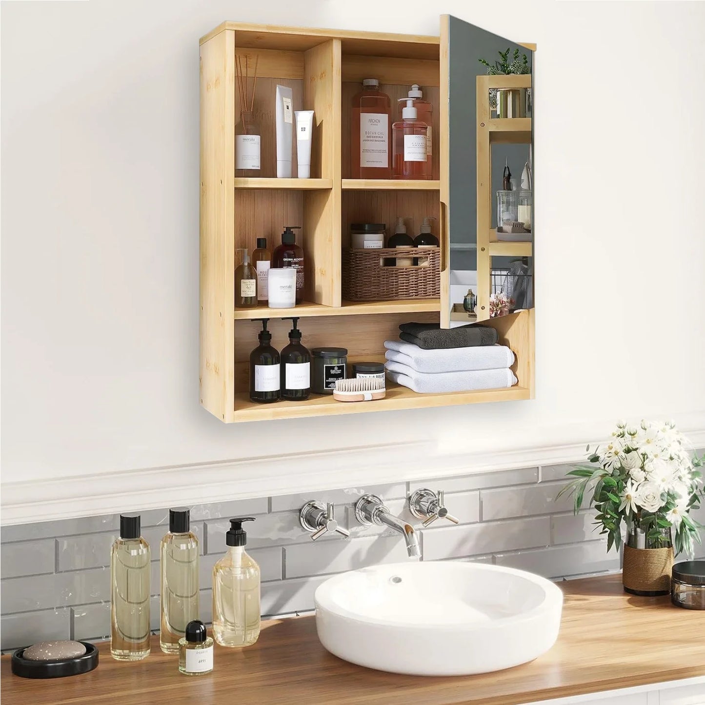 Bamboo Wall Cabinet Bathroom Storage Cabinet Wall Mounted for Entryway Kitchen Vanity Cabinet with Mirror Adjustable Shelf