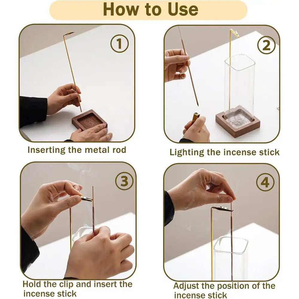 Incense Holder, Wooden Sticks with Glass Ash Catcher, Anti-ash Burner with 20 Incense Sticks and Ash Brush, Meditation Yoga Spa