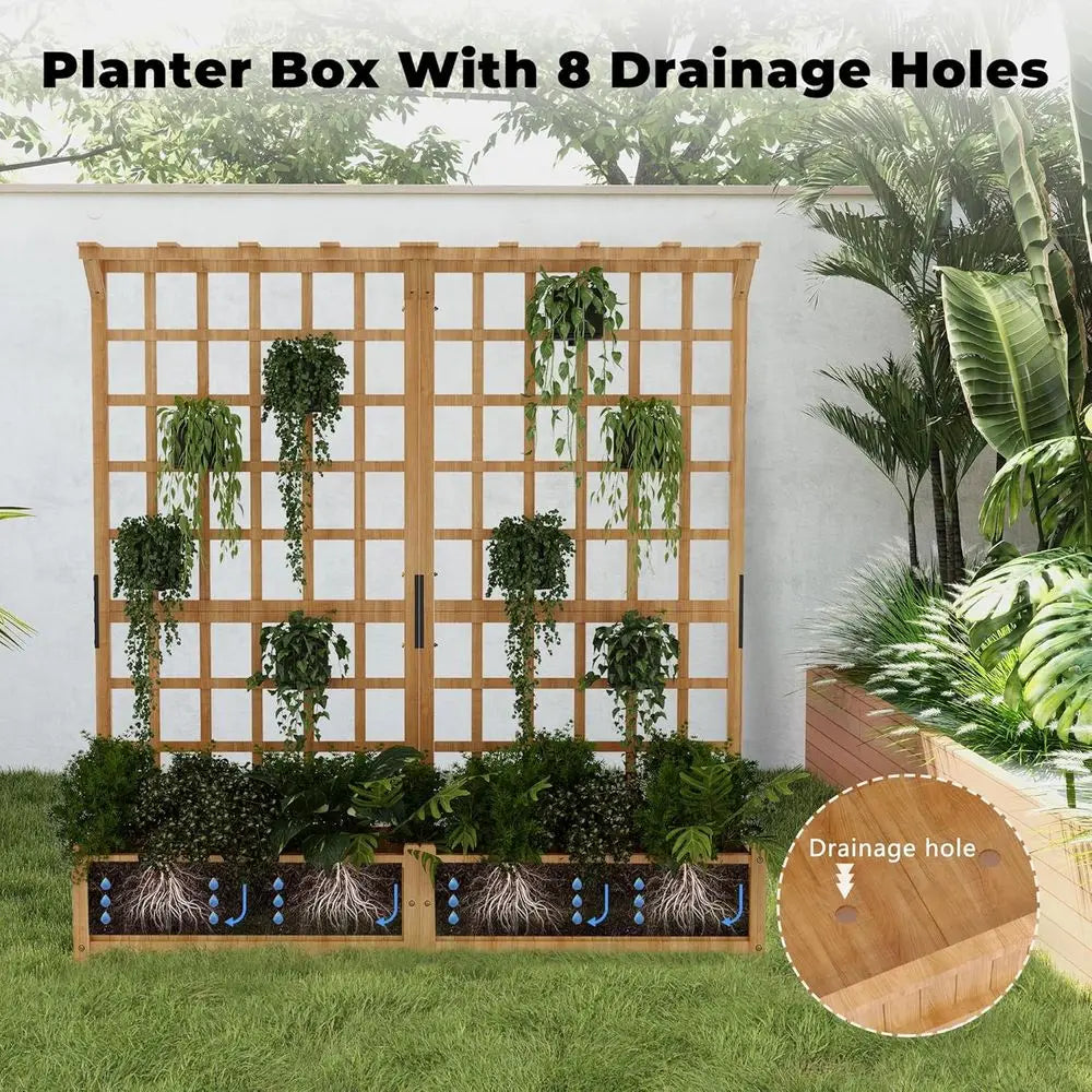 Elevated Outdoor Wooden Planter With Trellis For Flowers And Veggies