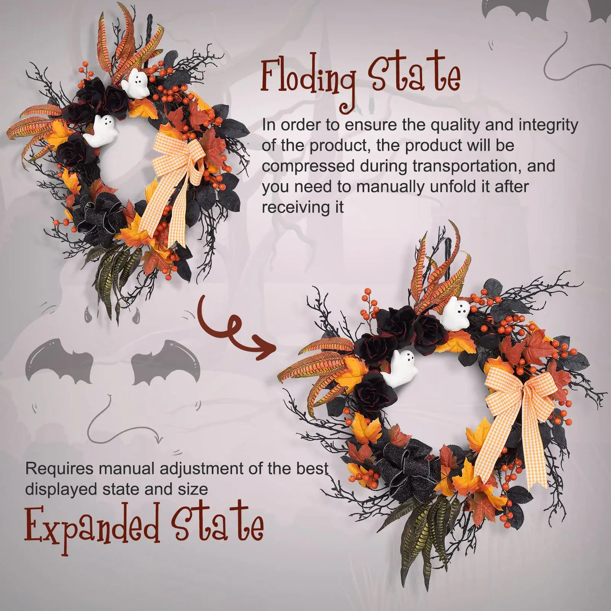 Halloween Ghost Wreath With Orange Ribbon, Maple And Black Feathers
