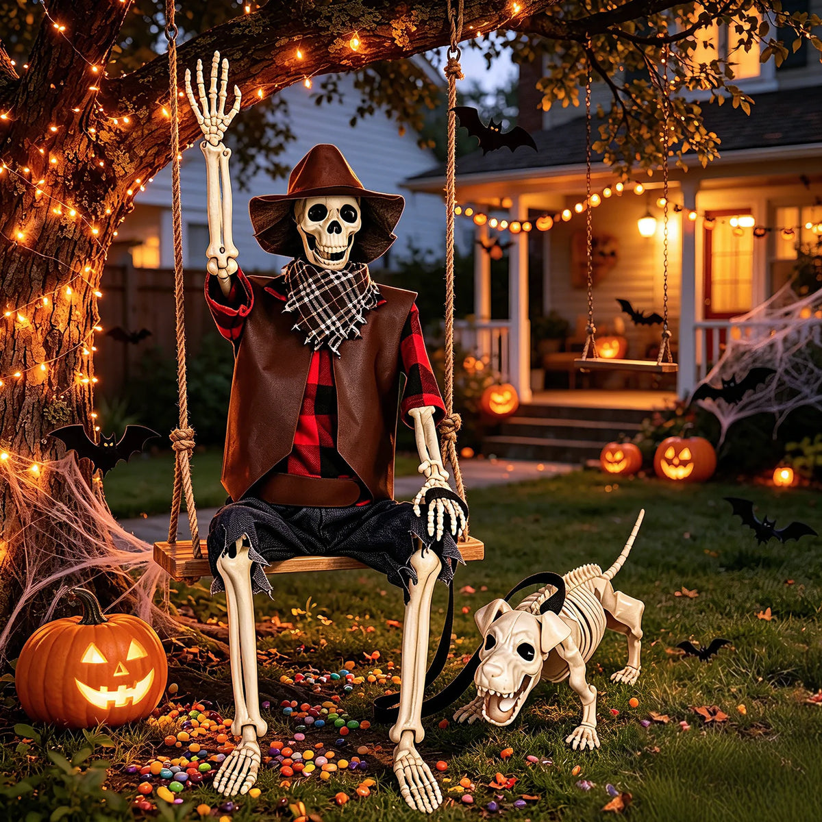 Posable Skeleton And Dog Halloween Cowboy Outdoor Decorations