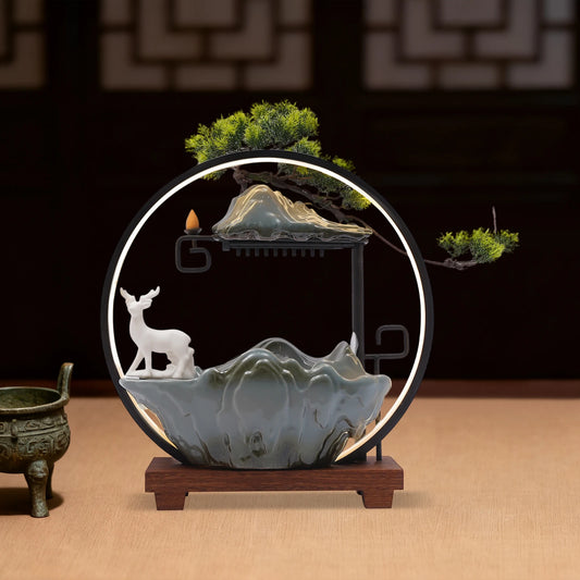 110V Ceramic Tabletop Fountain With Mist LED Deer Pine Branches