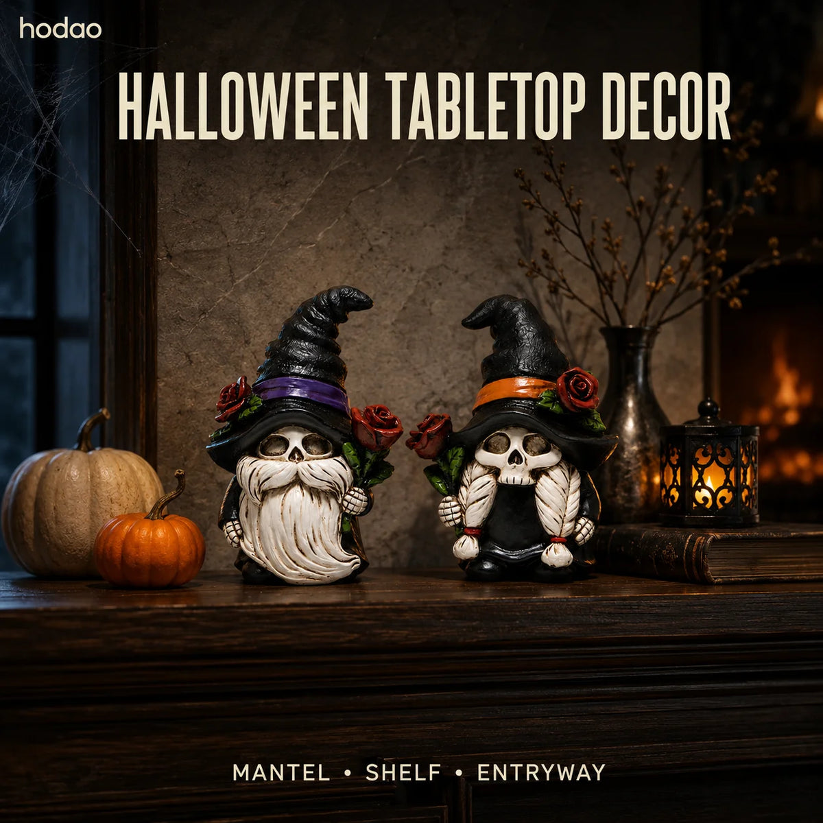 Hodao Resin Halloween Skull Gnome Couple Figurines for Gothic Decor