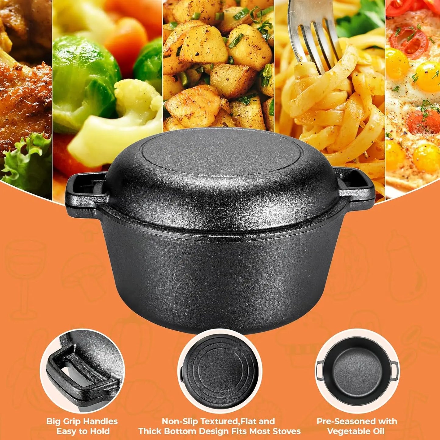 Pre-Seasoned Cast Iron Double Dutch Oven With Loop Handles, Pot + Lid - Cast Iron Dutch Oven with Lid BBQ,7/9 Quart