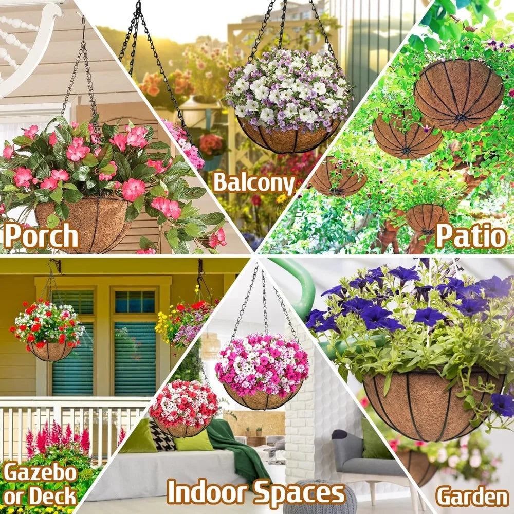 3 Pack 10 Inch Metal Hanging Baskets with Coconut Liners for Plants, Outdoor Porch Balcony Garden Decoration