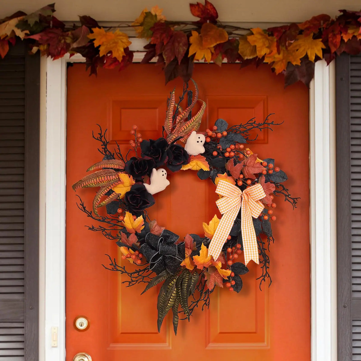 Halloween Ghost Wreath With Orange Ribbon, Maple And Black Feathers