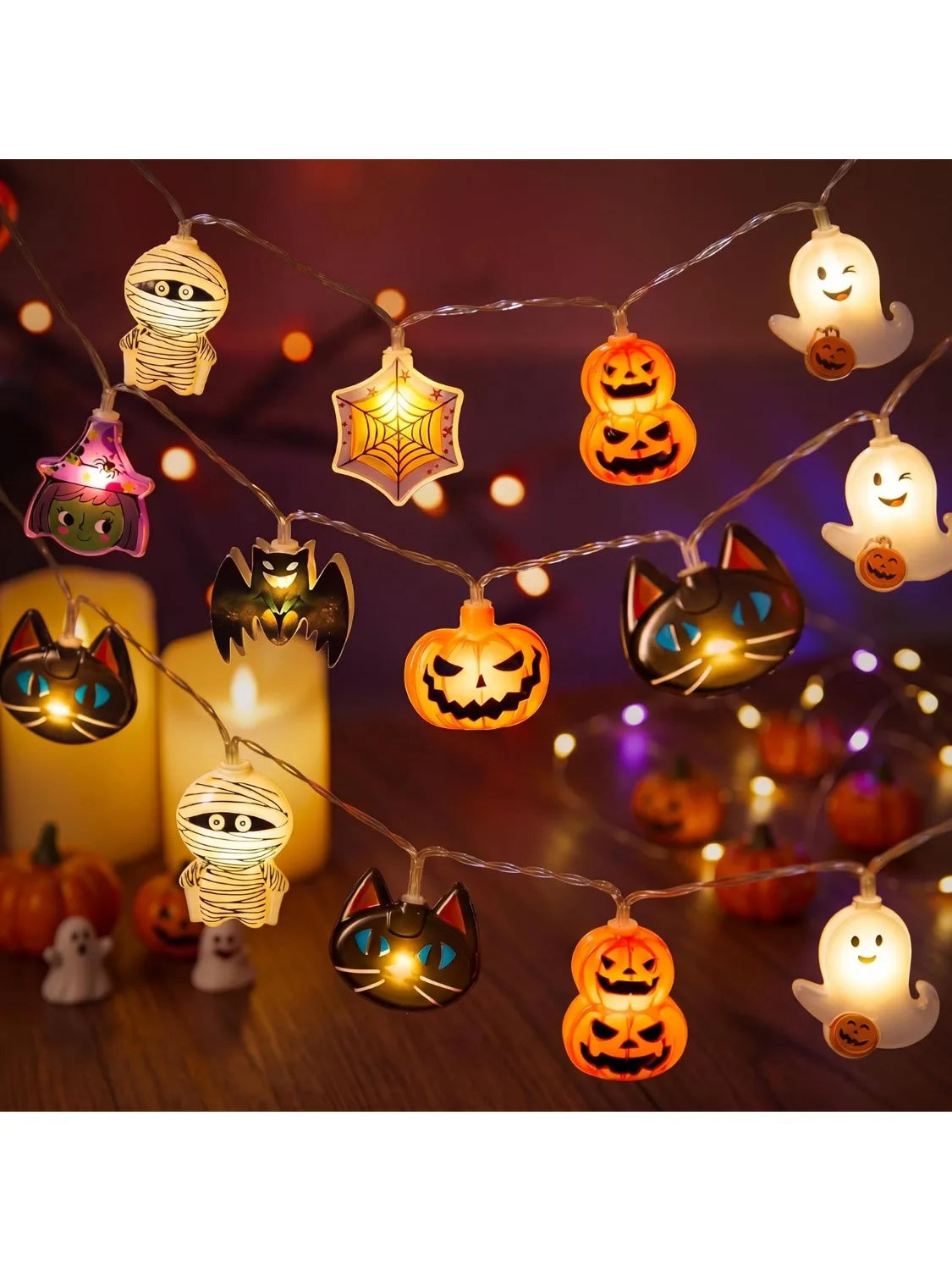 19.7FT 30 LED Halloween String Lights with Ghost & Pumpkin 3D Designs, Battery Operated Timer & 8 Lighting Modes, Spooky Indoor Outdoor Halloween Decorations for Party Yard Porch Patio