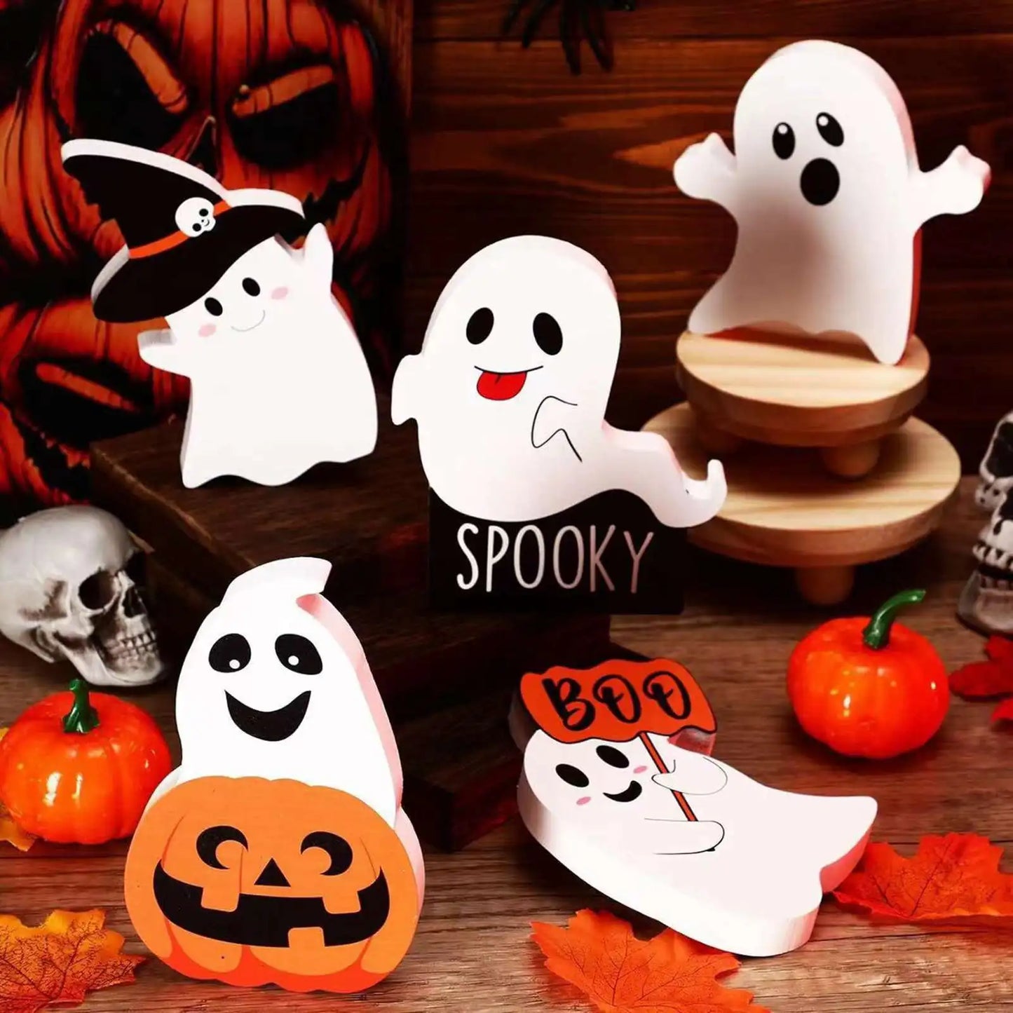 2 Sets Pumpkin Ghost Table Sign Cute Ghost Table Sign Festival Decoration PVC Spooky Desk Ornaments Table Sign for Theme Party