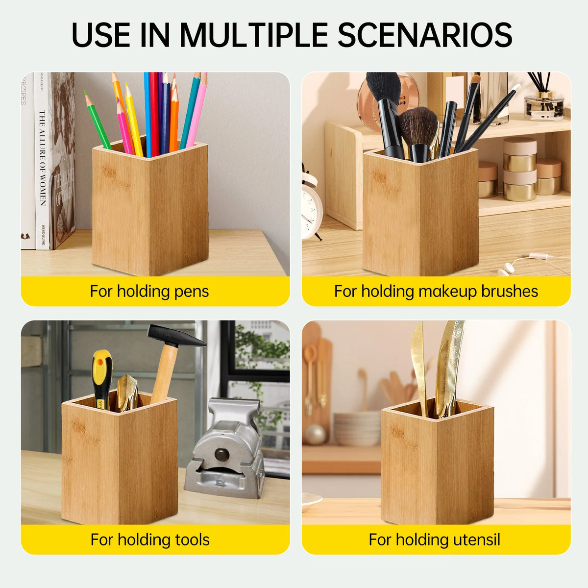 3 Compartment Bamboo Utensil Holder, Detachable Cutlery Organizer with Black Metal Rack for Kitchen Countertop