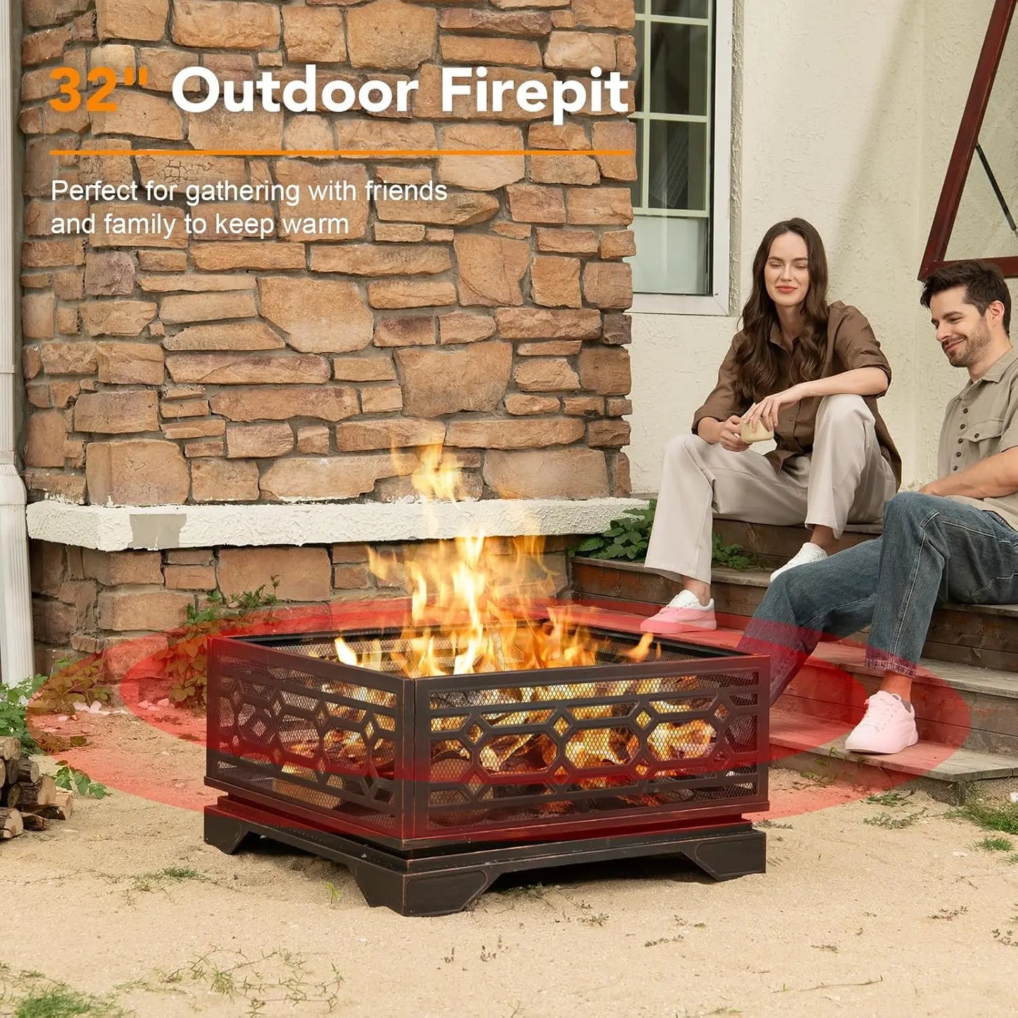 Outdoor Wood Burning Fire Pit Square Metal With Mesh Cover