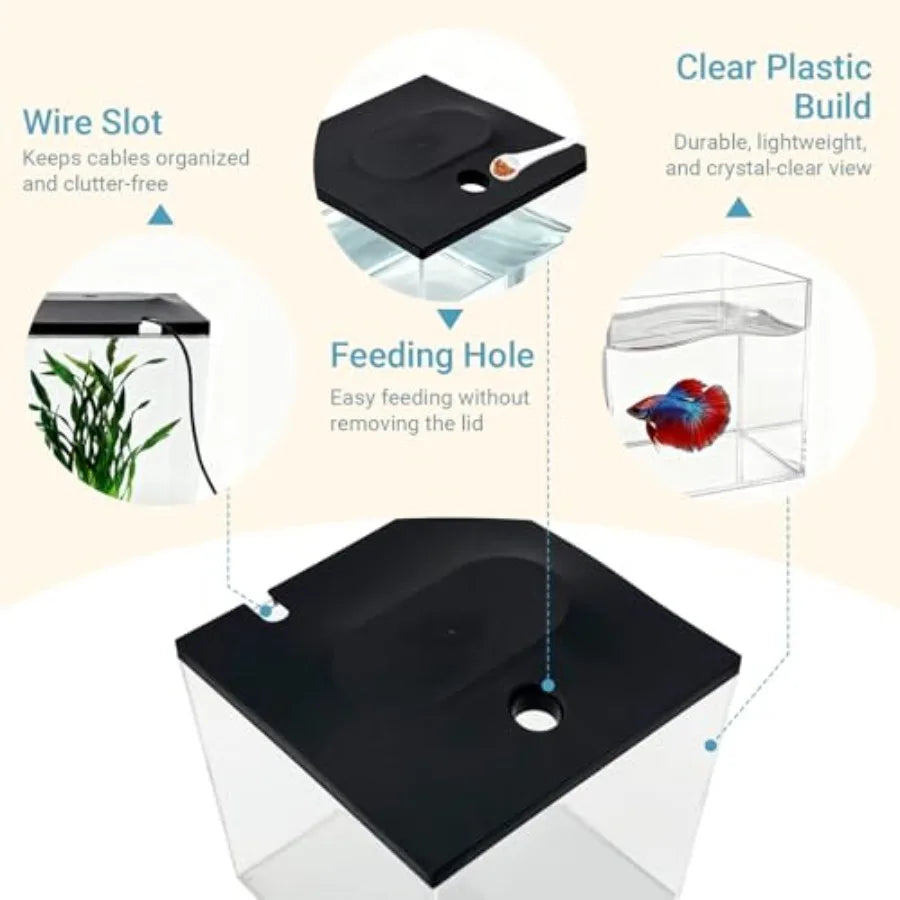 0.8-Gallon Cube Small Fish Tank, Shatterproof Plastic Fish Tank with LED Lighting, Temporary Fish Bowl for Fry, Isolation, Educ