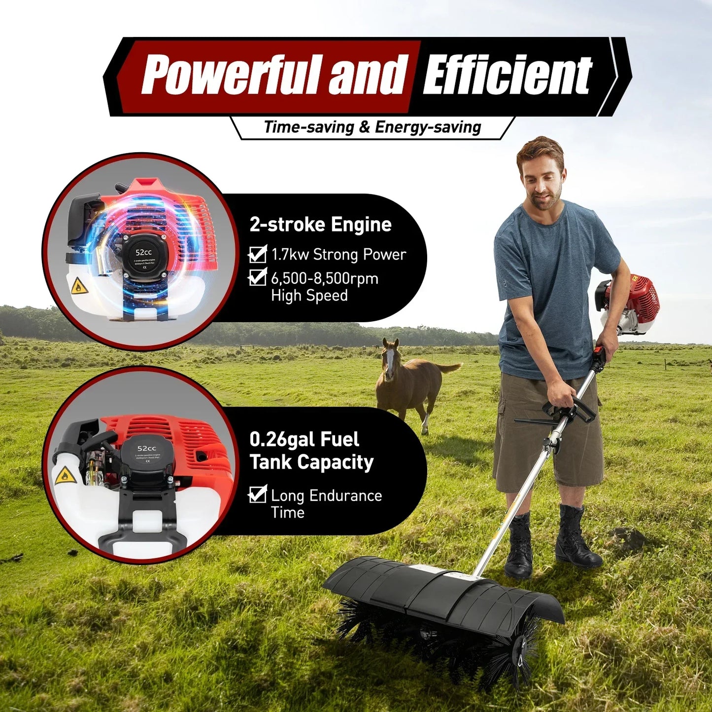 Hand Held Walk Behind Sweeper 2-Stroke 2.3Hp/1700W Gas Power Lawn Sweeper, Broom Petrol Walk Sweeper Brush Outdoor Garden